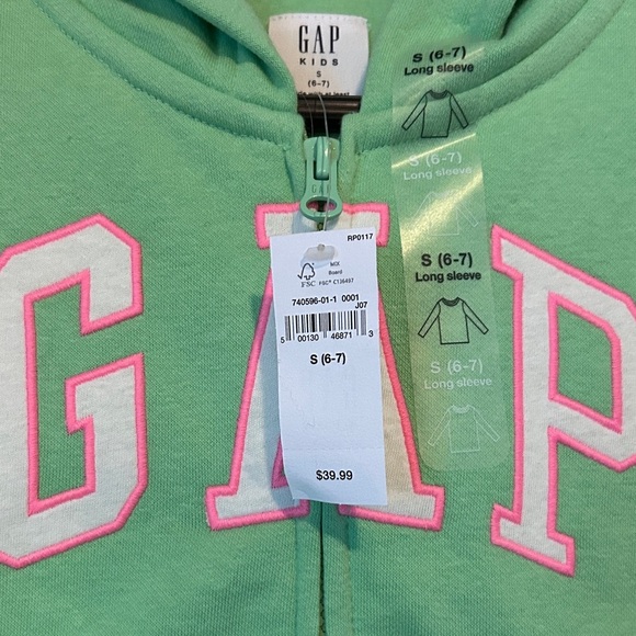 Brand New Gap Girls Zip Up Hoodie Size Small 6/7 Green with Pink Letters NWT - Picture 3 of 6